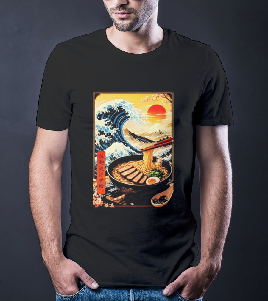 Great Wave Ramen Ukiyo E Japanese Noodles Cherry Blossoms Sun Mountain T-Shirt
