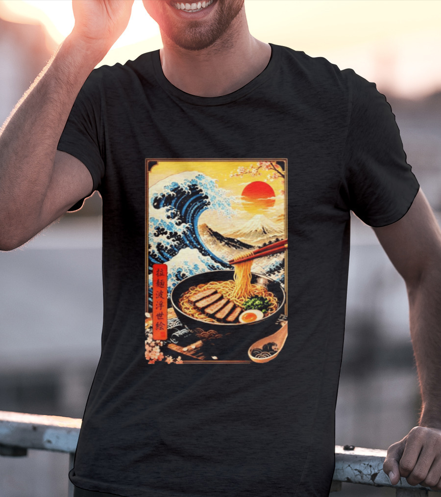Great Wave Ramen Ukiyo E Japanese Noodles Cherry Blossoms Sun Mountain T-Shirt