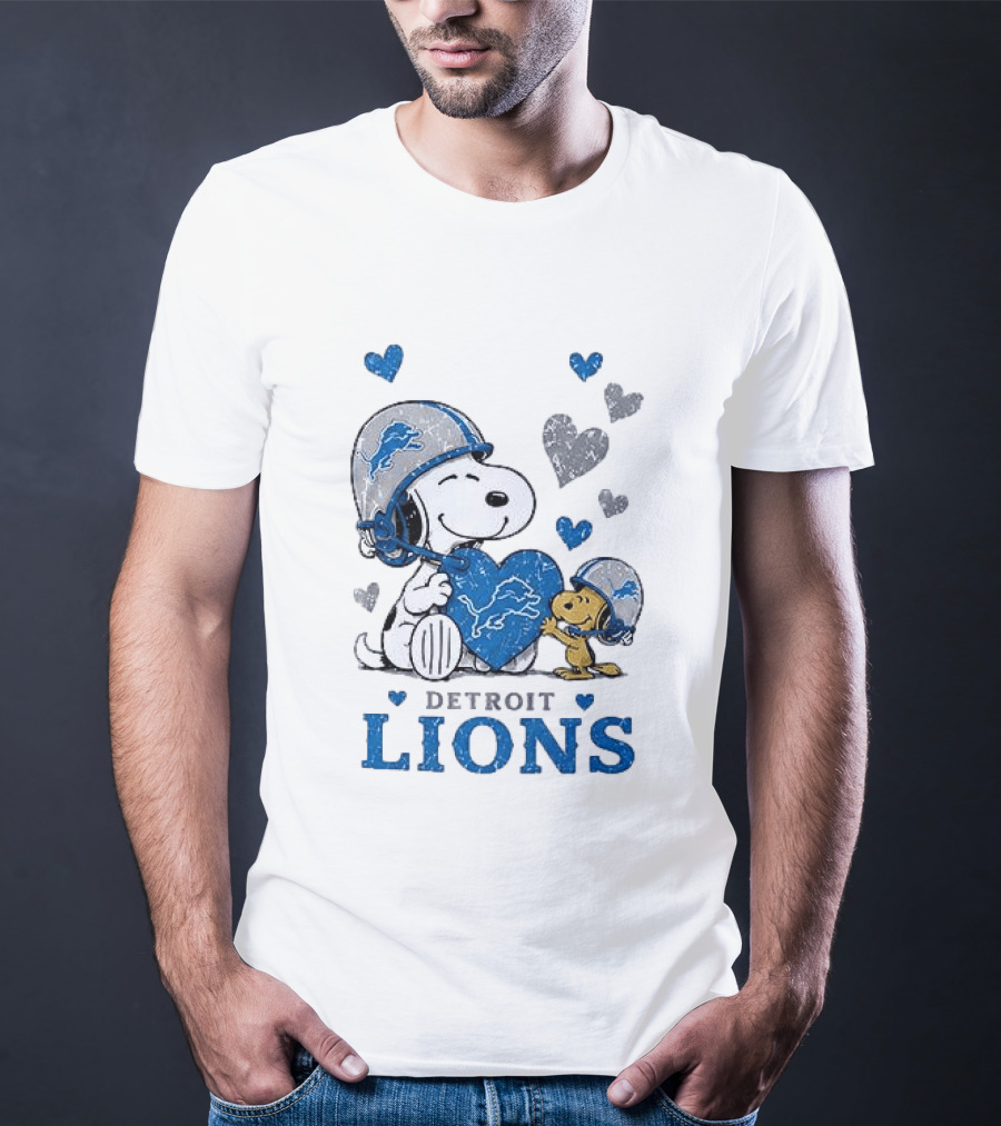 Detroit Lions Peanuts Snoopy Woodstock Heart Helmets Love T-Shirt