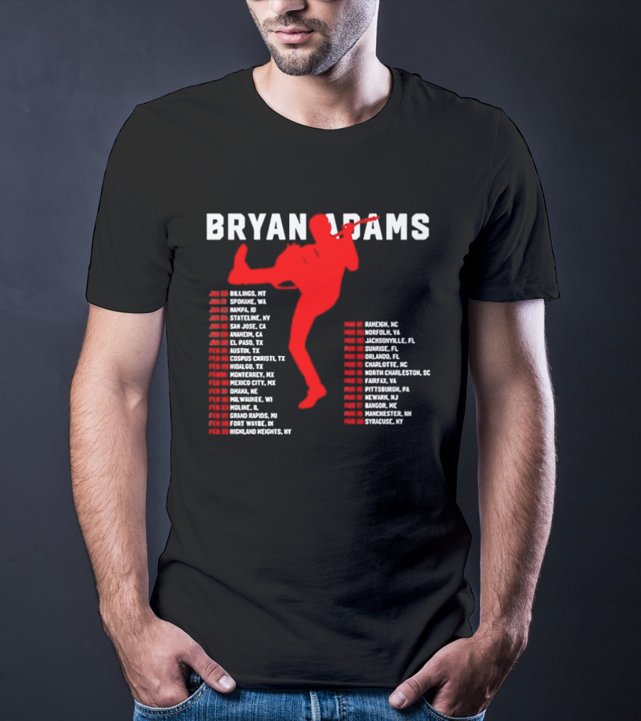 Bryan Adams Kicking Guitar With 2023 Tour Dates And Cities T-Shirt