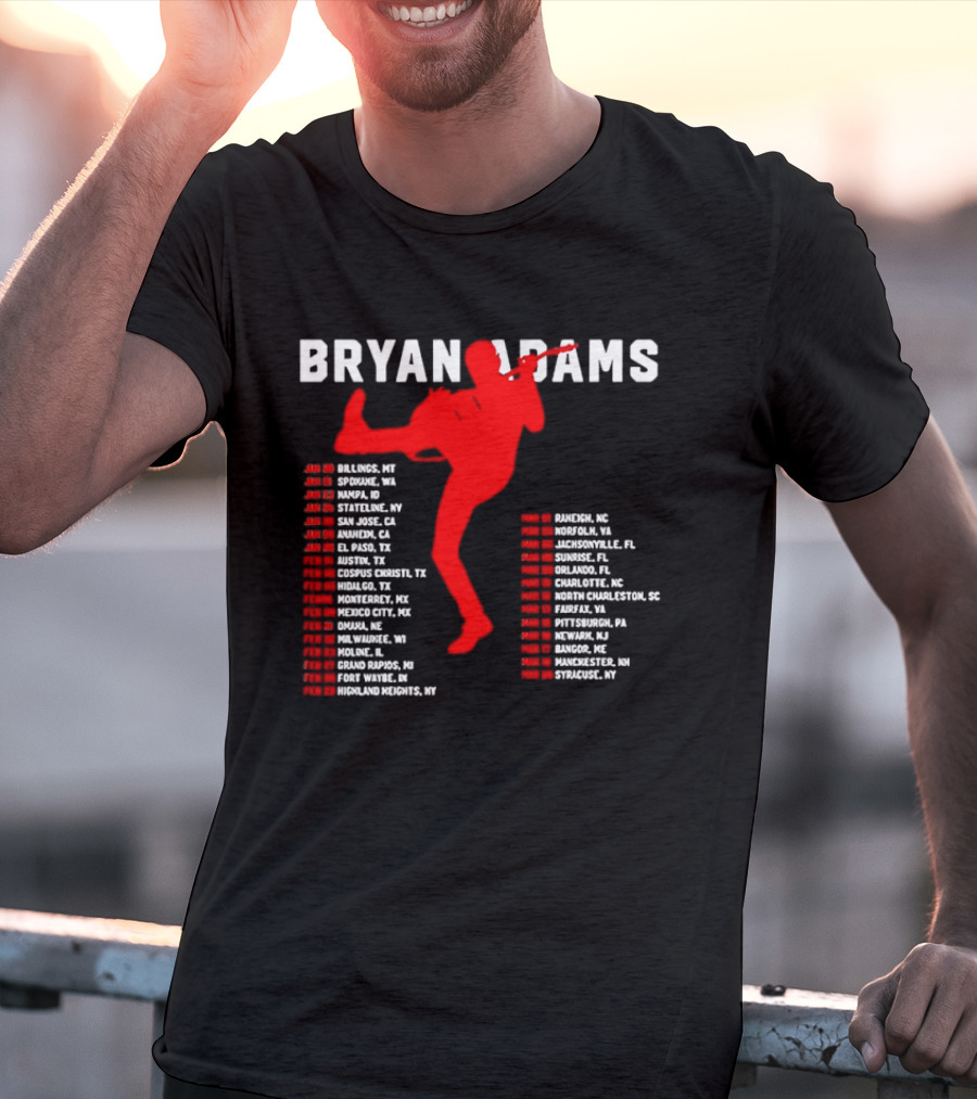 Bryan Adams Kicking Guitar With 2023 Tour Dates And Cities T-Shirt
