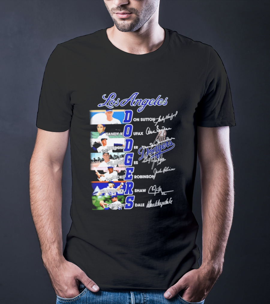 Los Angeles Dodgers Don Sutton Sandy Koufax Duke Snider Gil Hodges Jackie Robinson Clayton Kershaw Don Drysdale Signatures T-Shirt