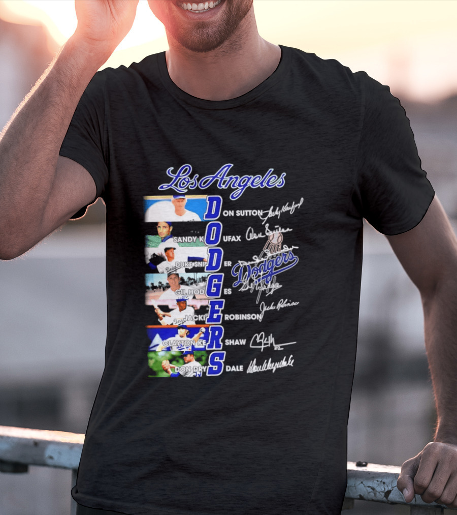 Los Angeles Dodgers Don Sutton Sandy Koufax Duke Snider Gil Hodges Jackie Robinson Clayton Kershaw Don Drysdale Signatures T-Shirt