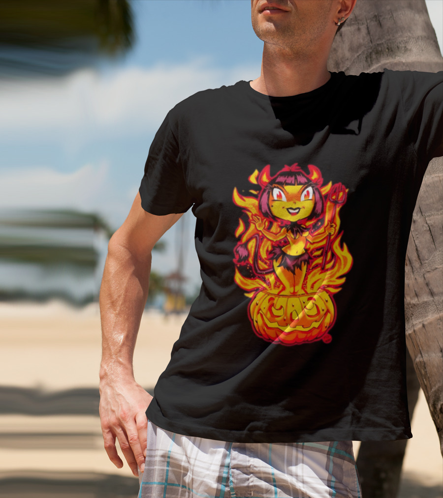 Devil Girl In Jack O' Lantern Halloween Flames With Pitchfork And Tail T-Shirt