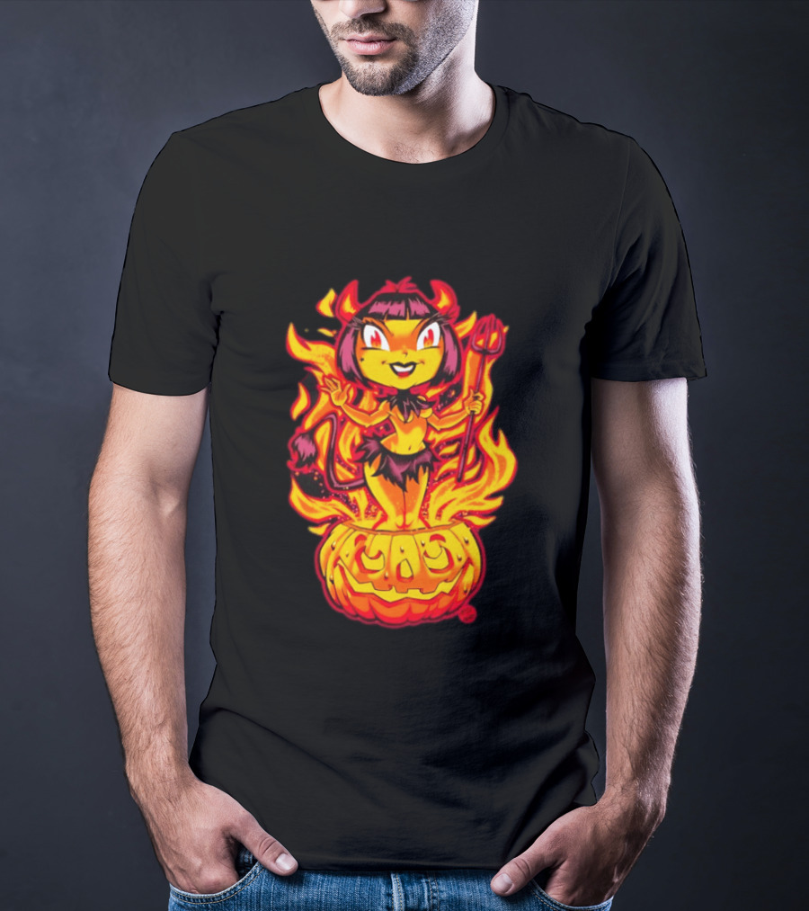 Devil Girl In Jack O' Lantern Halloween Flames With Pitchfork And Tail T-Shirt