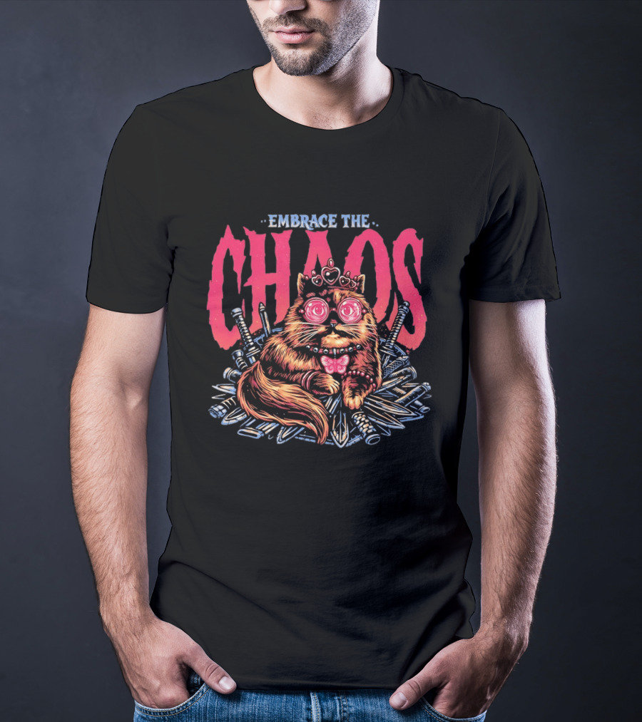 Embrace The Chaos Cat Pink Crown Daggers Funny Feline T-Shirt