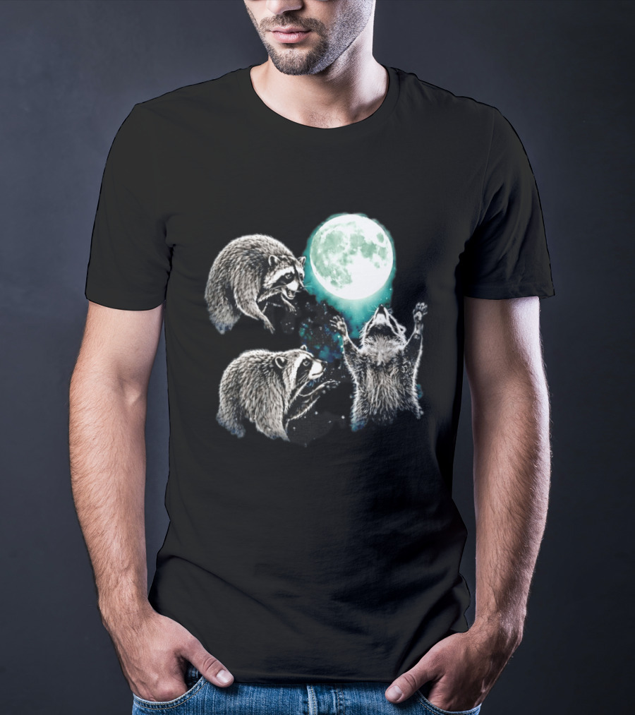 Jimothy Raccoon Moon Space Wolf Moon Trio Reaching For Full Moon T-Shirt