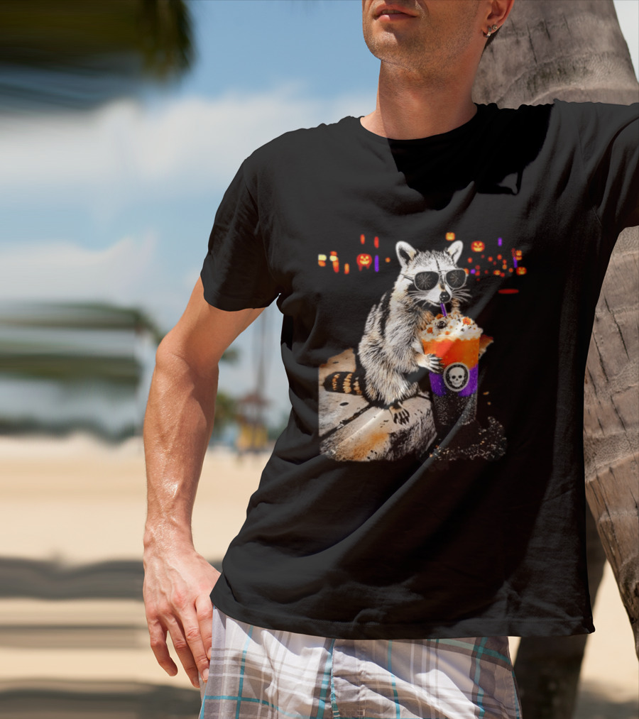 Raccoon With Sunglasses Enjoying Halloween Frappe With Skull Cup And Pumpkin T-Shirt