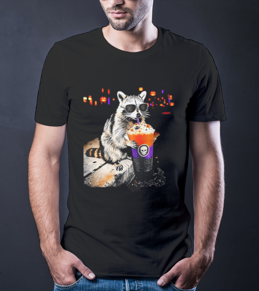 Raccoon With Sunglasses Enjoying Halloween Frappe With Skull Cup And Pumpkin T-Shirt