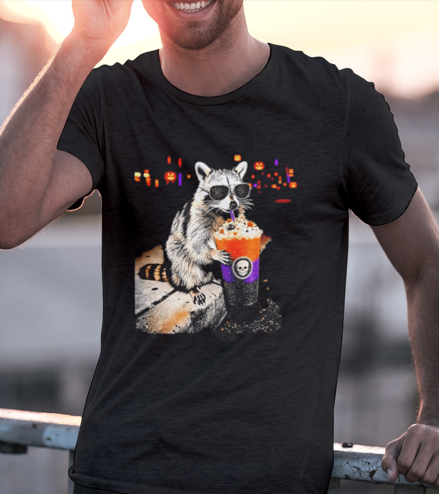 Raccoon With Sunglasses Enjoying Halloween Frappe With Skull Cup And Pumpkin T-Shirt