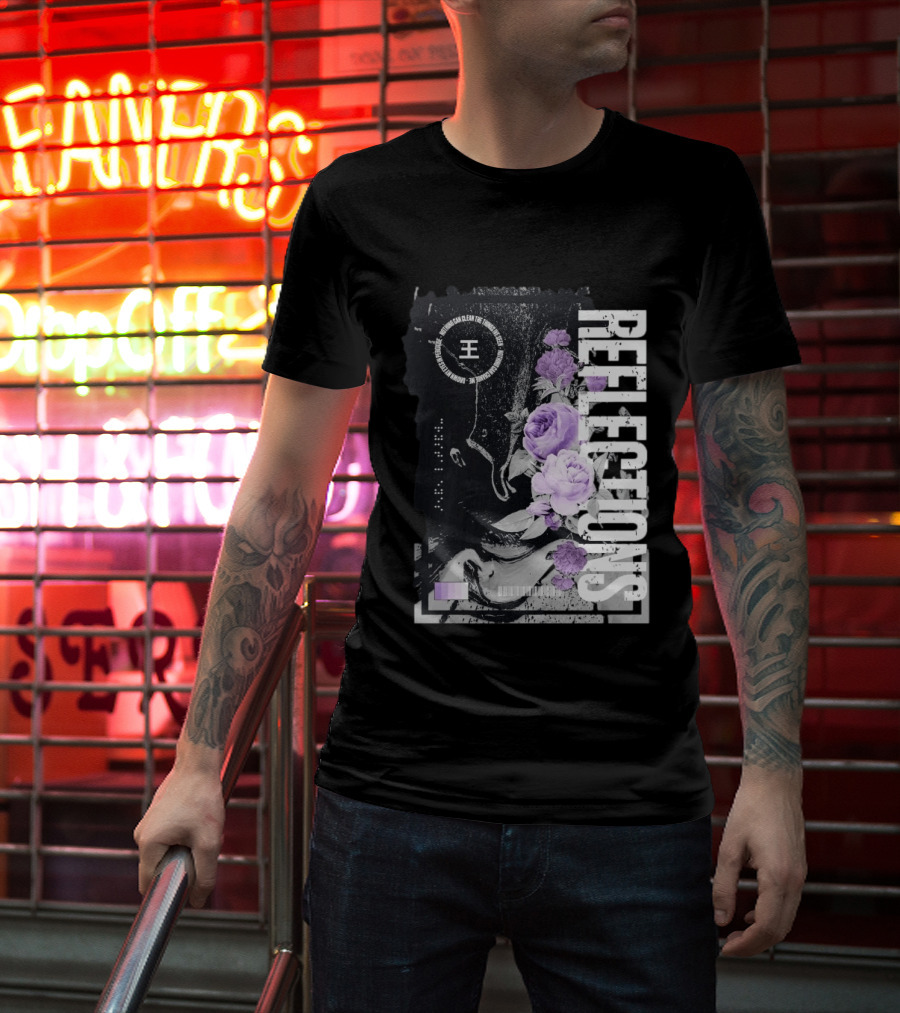 Reflections Peroxide Floral Typography With Purple Roses And Abstract Black And White T-Shirt