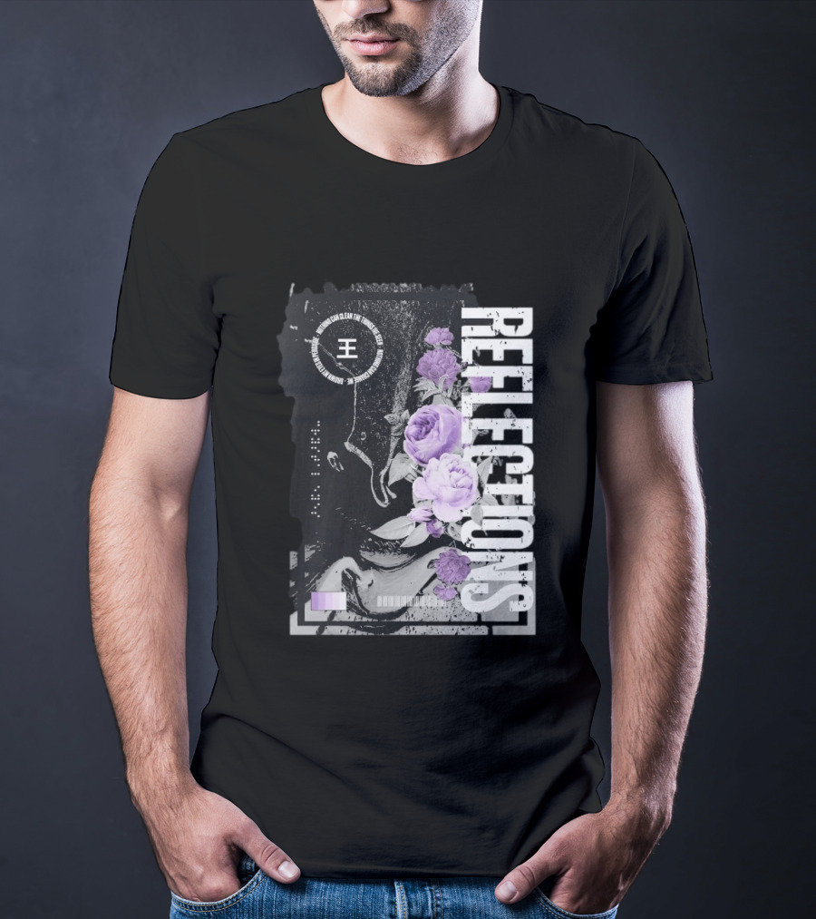 Reflections Peroxide Floral Typography With Purple Roses And Abstract Black And White T-Shirt