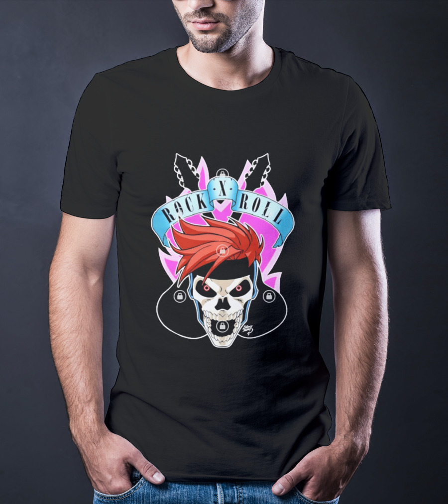 Rock X Roll Skull Electric Guitar Red Hair T-Shirt