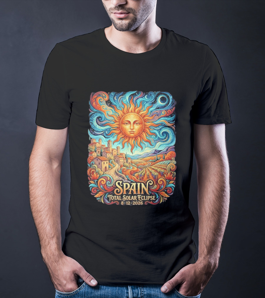 Spain Total Solar Eclipse 8 12 2026 Sun And Moon Celestial Village T-Shirt