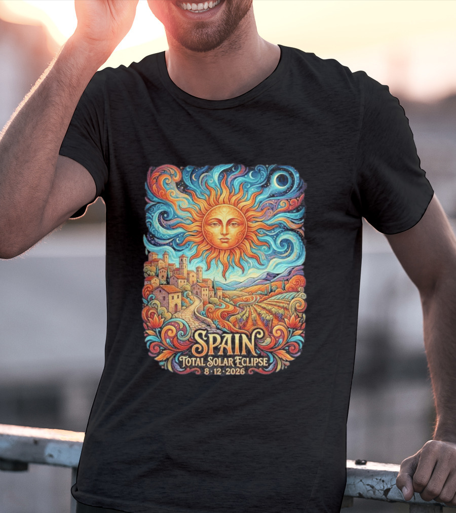 Spain Total Solar Eclipse 8 12 2026 Sun And Moon Celestial Village T-Shirt