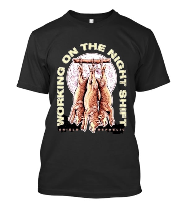 Working On The Night Shift Shield Republic Hanging Coyotes Full Moon T-Shirt