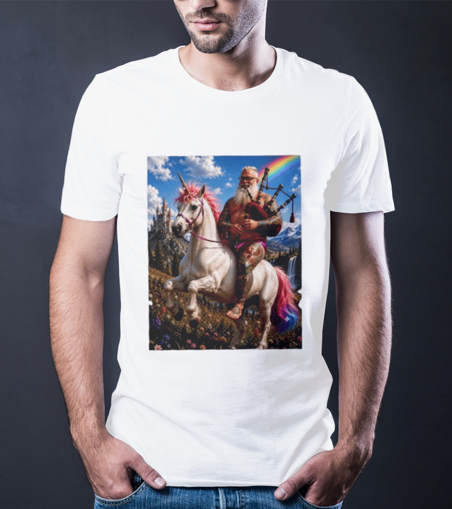 Bearded Scotsman Playing Bagpipes Riding A Rainbow Unicorn In Enchanted Castle Landscape T-Shirt