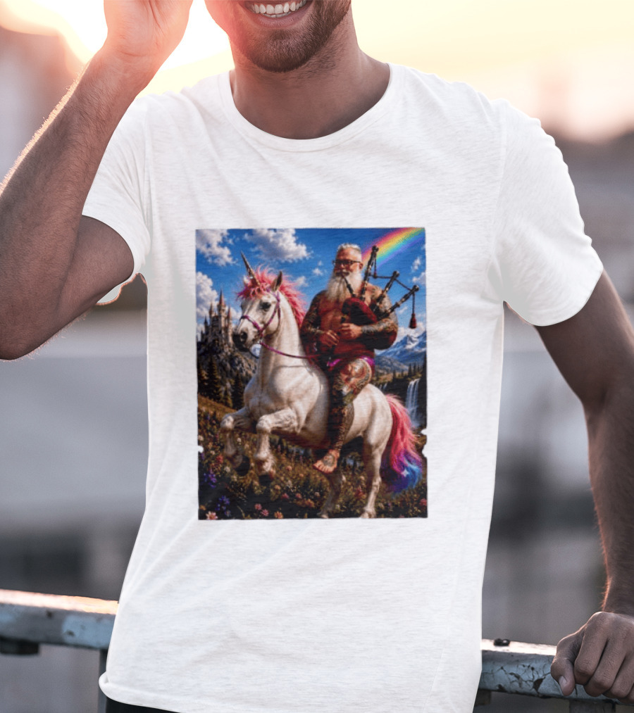Bearded Scotsman Playing Bagpipes Riding A Rainbow Unicorn In Enchanted Castle Landscape T-Shirt