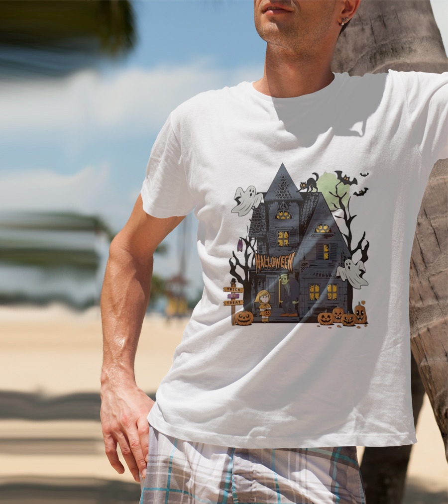 Halloween Haunted House With Frankenstein Trick Or Treat Ghosts And Pumpkins T-Shirt