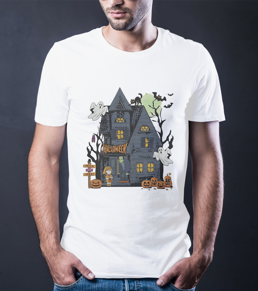 Halloween Haunted House With Frankenstein Trick Or Treat Ghosts And Pumpkins T-Shirt
