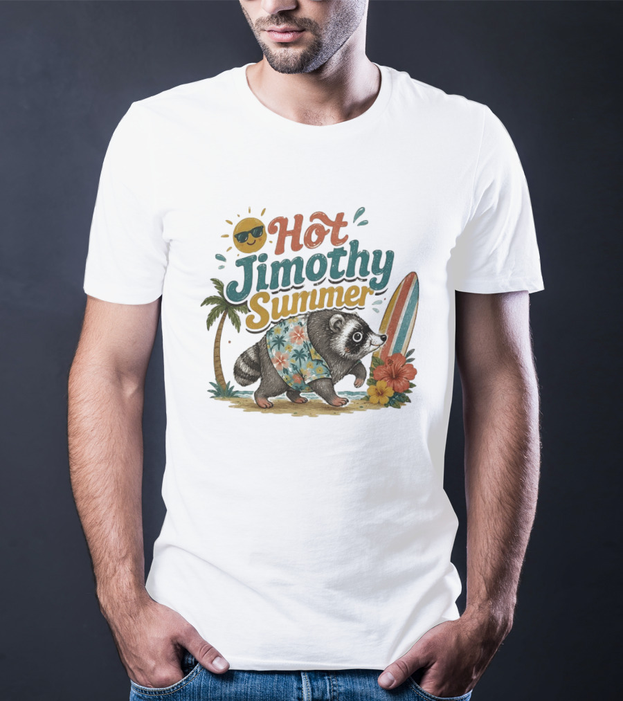 Hot Jimothy Summer Raccoon Tropical Surfing Vibes Vintage Paradise T-Shirt