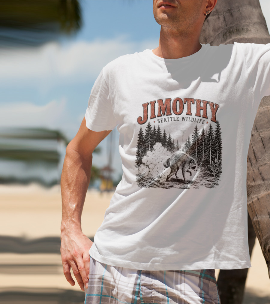 Jimothy Seattle Wildlife Raccoon With Space Needle Forest Scene T-Shirt