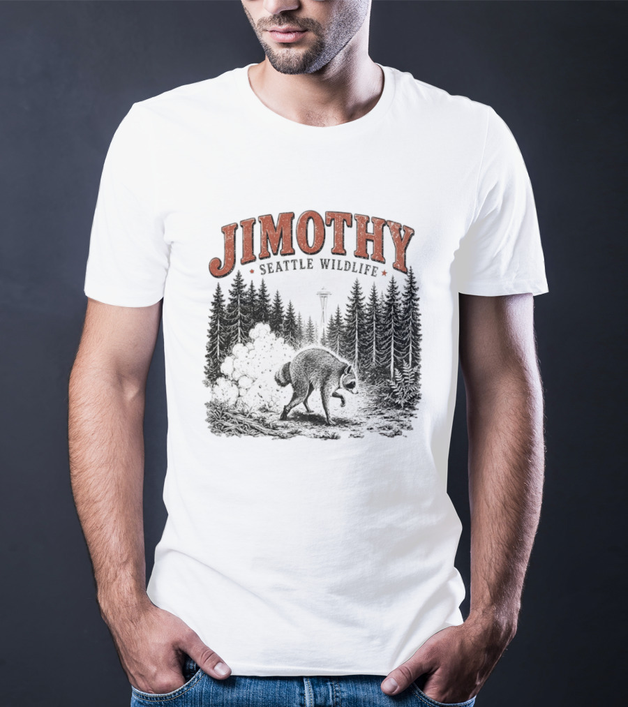 Jimothy Seattle Wildlife Raccoon With Space Needle Forest Scene T-Shirt