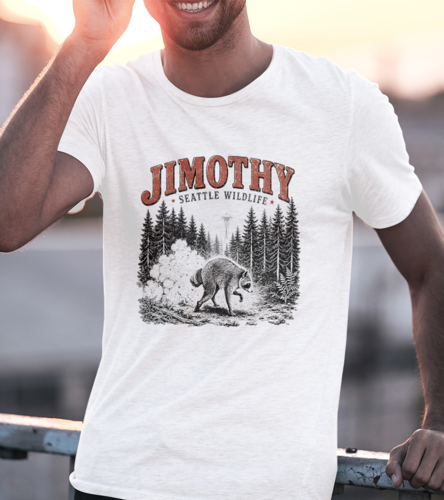 Jimothy Seattle Wildlife Raccoon With Space Needle Forest Scene T-Shirt