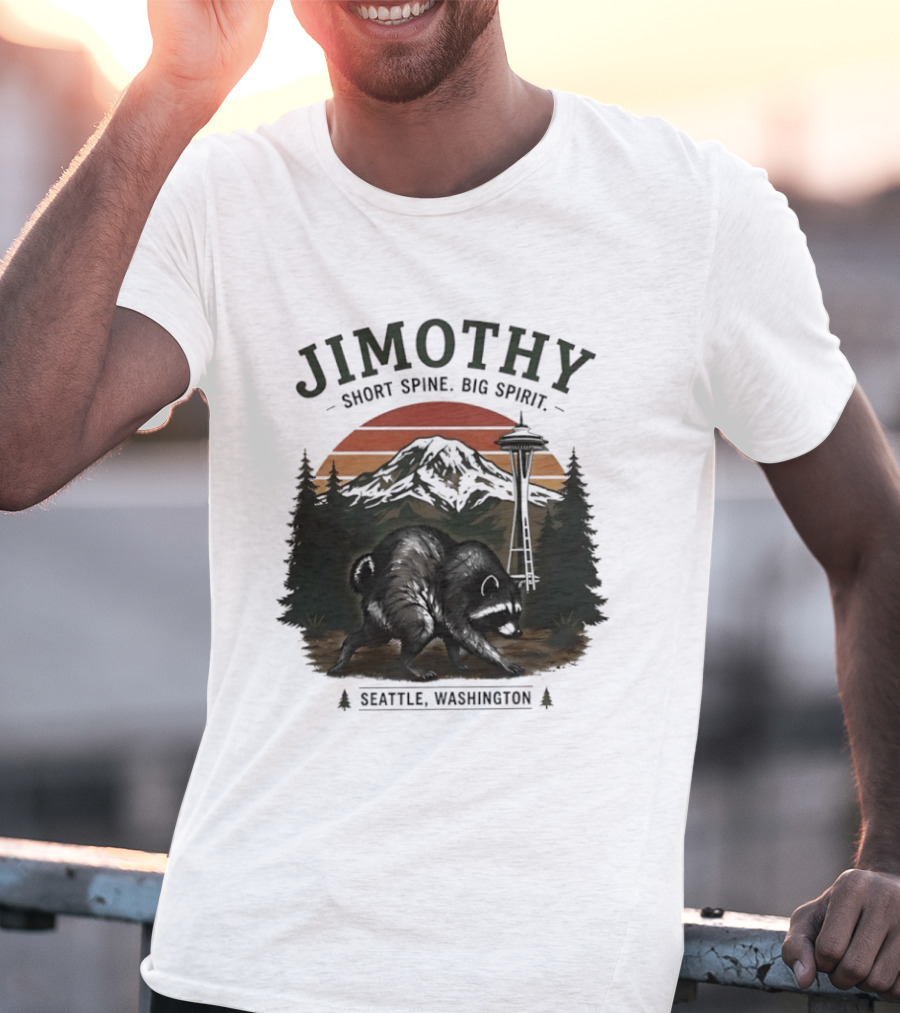 Jimothy Short Spine Big Spirit Bear Seattle Washington Skyline Sunset T-Shirt