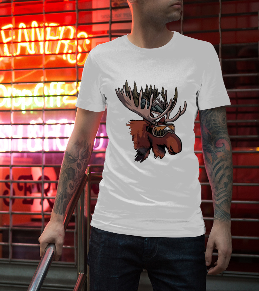 Moose With Ski Goggles And Mountain Forest Antlers Adventure Scene T-Shirt