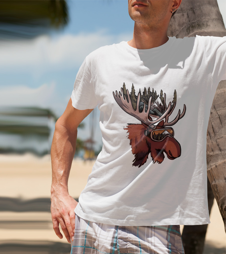 Moose With Ski Goggles And Mountain Forest Antlers Adventure Scene T-Shirt
