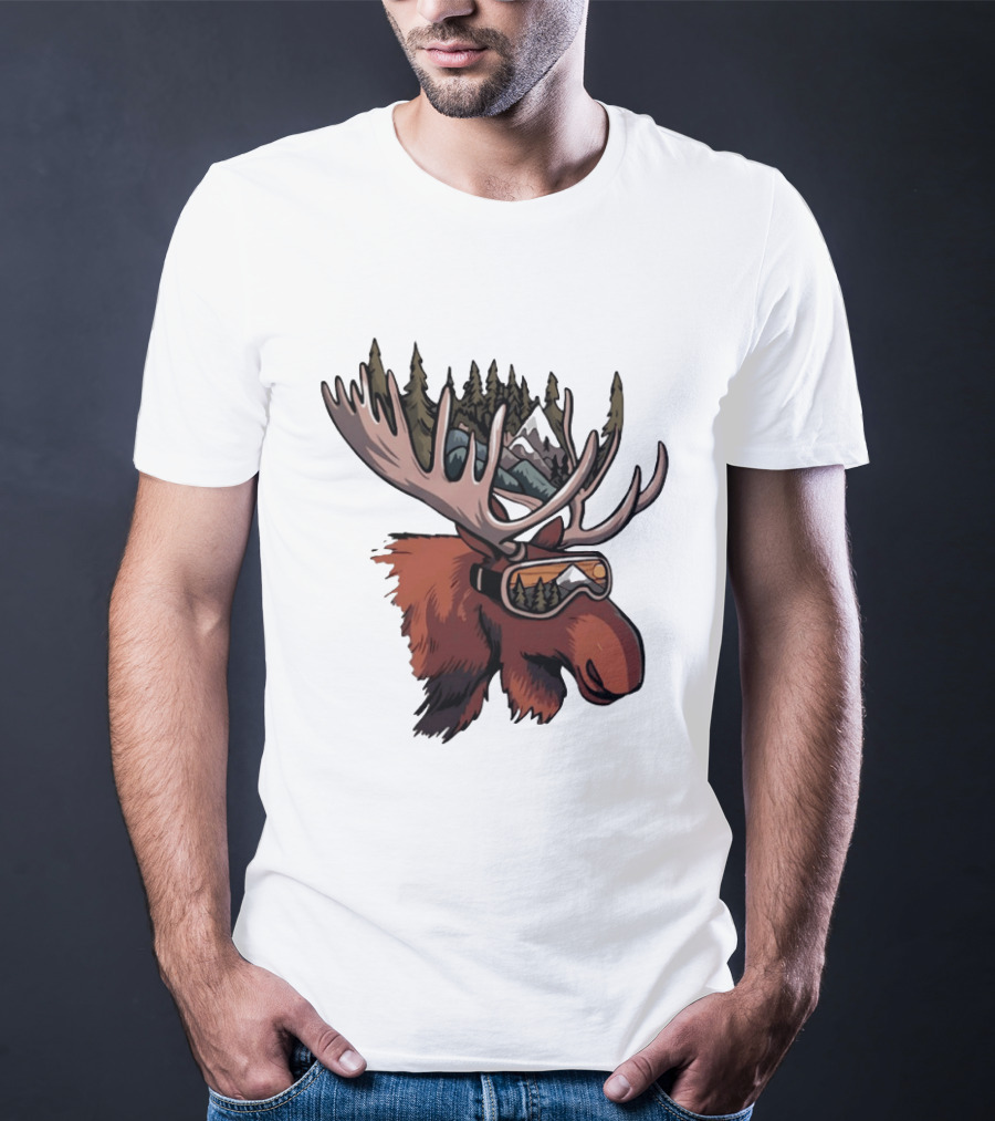 Moose With Ski Goggles And Mountain Forest Antlers Adventure Scene T-Shirt
