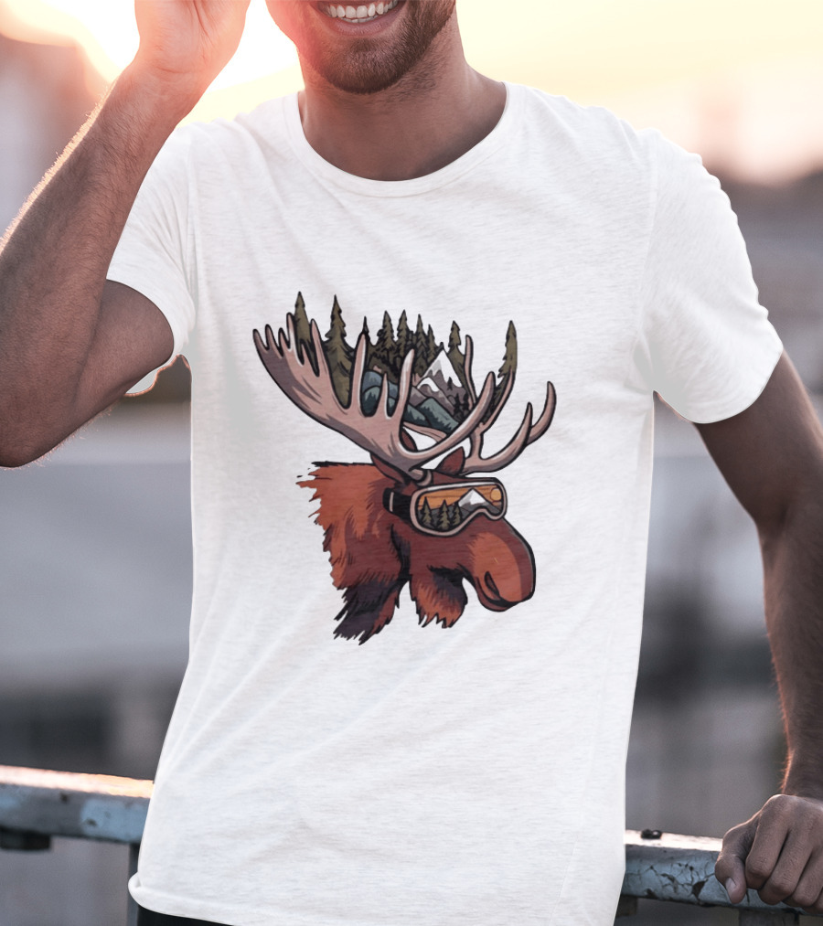 Moose With Ski Goggles And Mountain Forest Antlers Adventure Scene T-Shirt