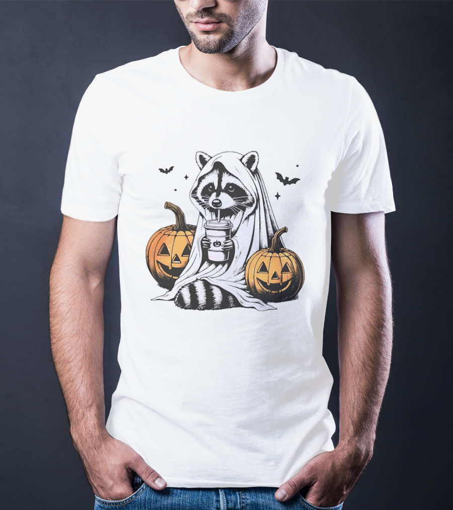 Raccoon Ghost With Iced Coffee And Jack O' Lanterns Halloween T-Shirt