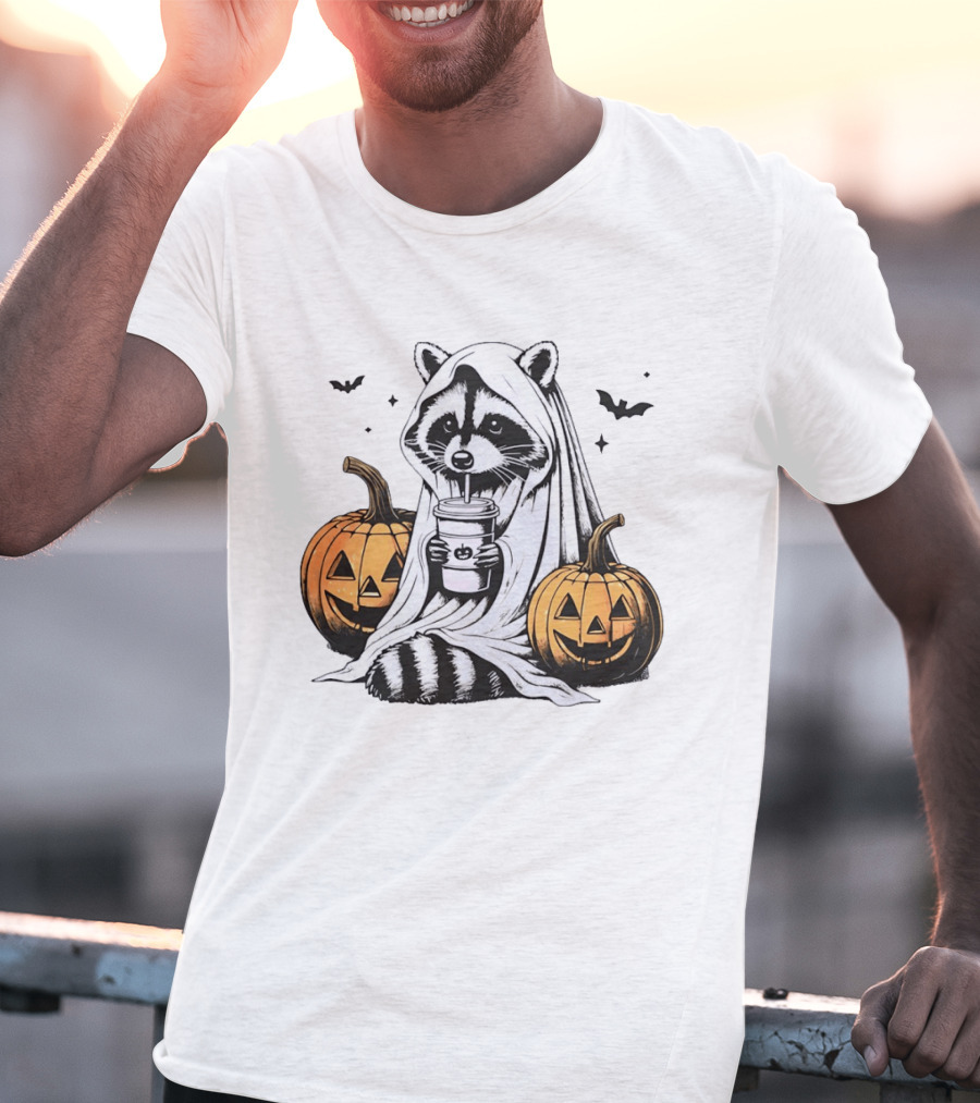 Raccoon Ghost With Iced Coffee And Jack O' Lanterns Halloween T-Shirt