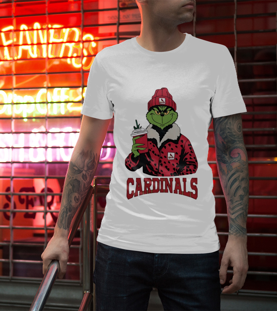 The Grinch In St Louis Cardinals Jacket With Coffee Christmas T-Shirt