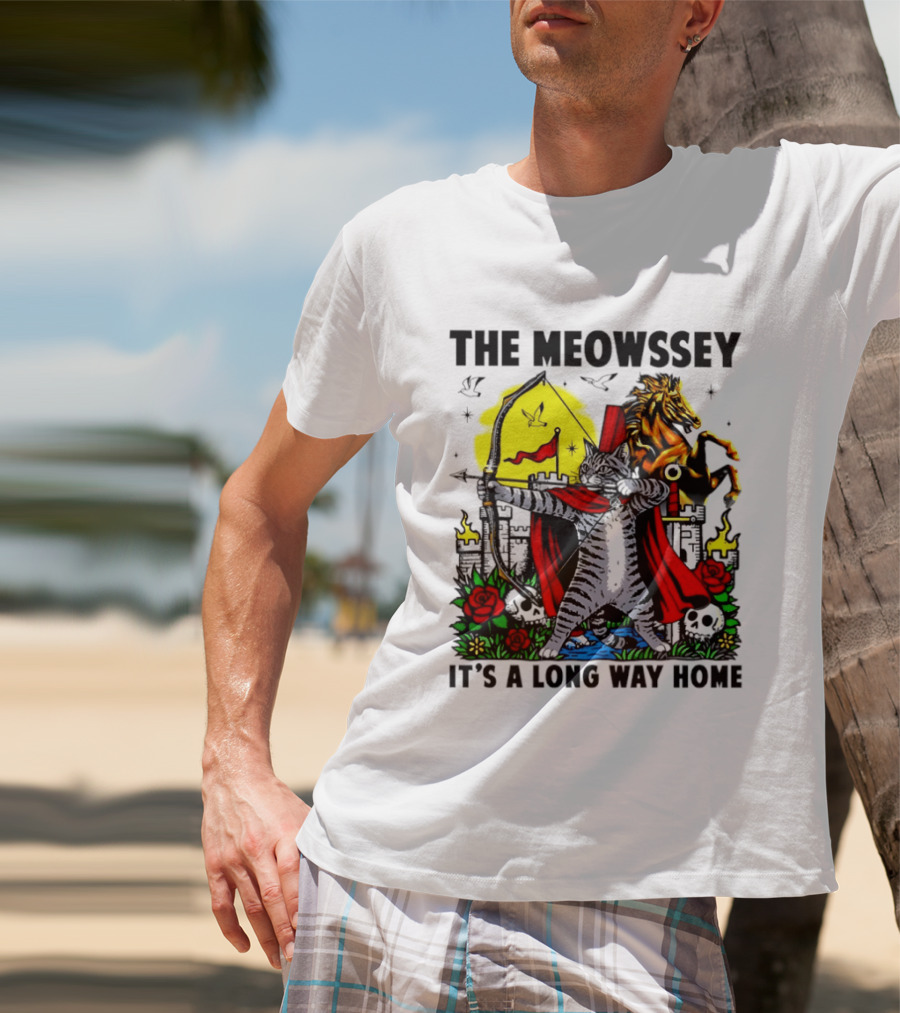 The Meowssey It's A Long Way Home Cat Archer With Red Cape And Horse T-Shirt