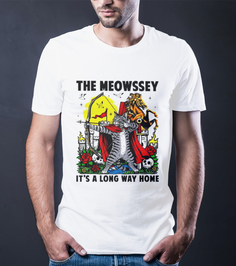 The Meowssey It's A Long Way Home Cat Archer With Red Cape And Horse T-Shirt