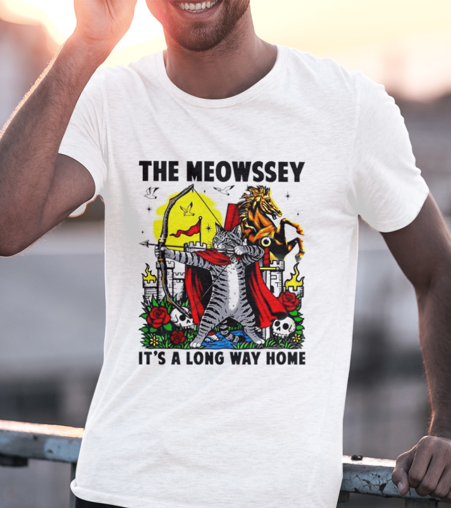 The Meowssey It's A Long Way Home Cat Archer With Red Cape And Horse T-Shirt