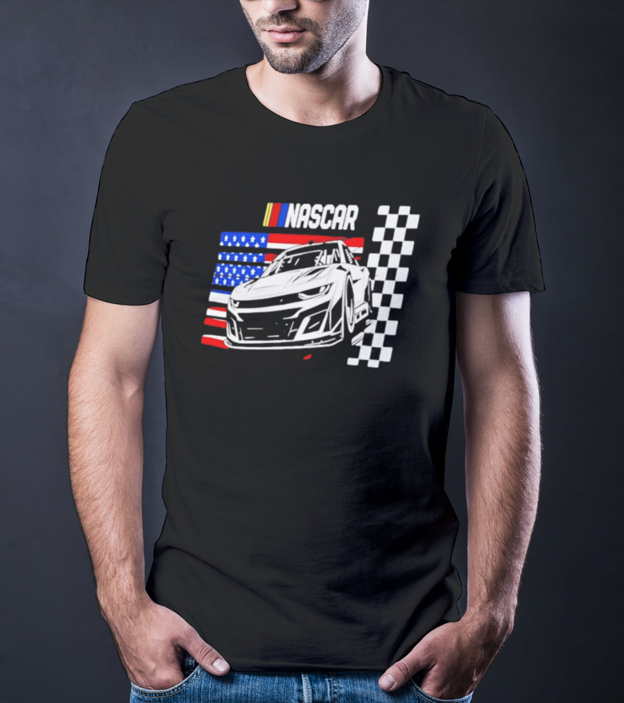 Nascar Race Car American Flag Checkered Flag T-Shirt