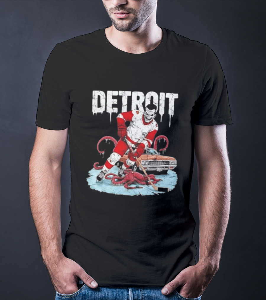 Detroit Red Wings Skull Hockey Player Tentacles Car T-Shirt