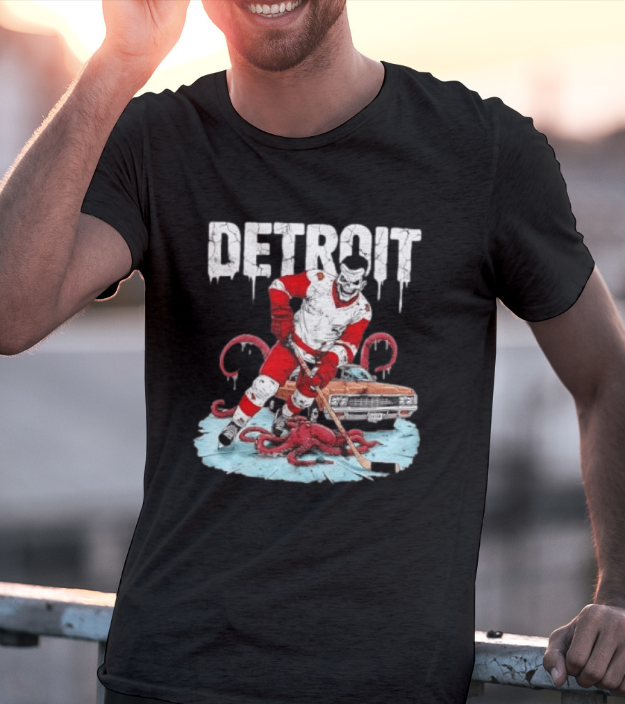 Detroit Red Wings Skull Hockey Player Tentacles Car T-Shirt