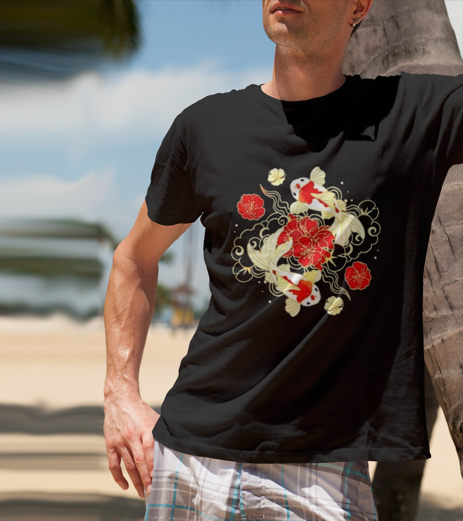 Koi Fish With Red And White Japanese Flowers T-Shirt