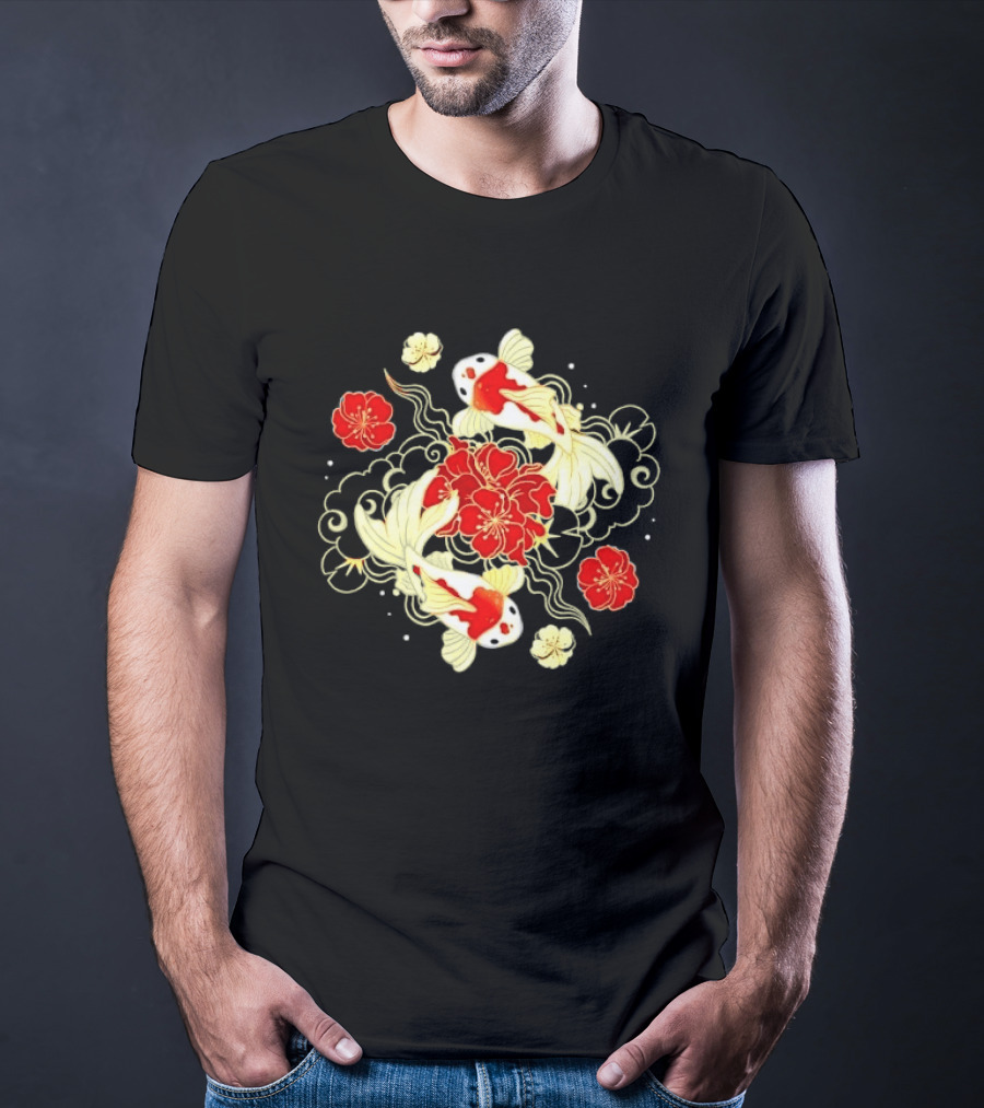 Koi Fish With Red And White Japanese Flowers T-Shirt