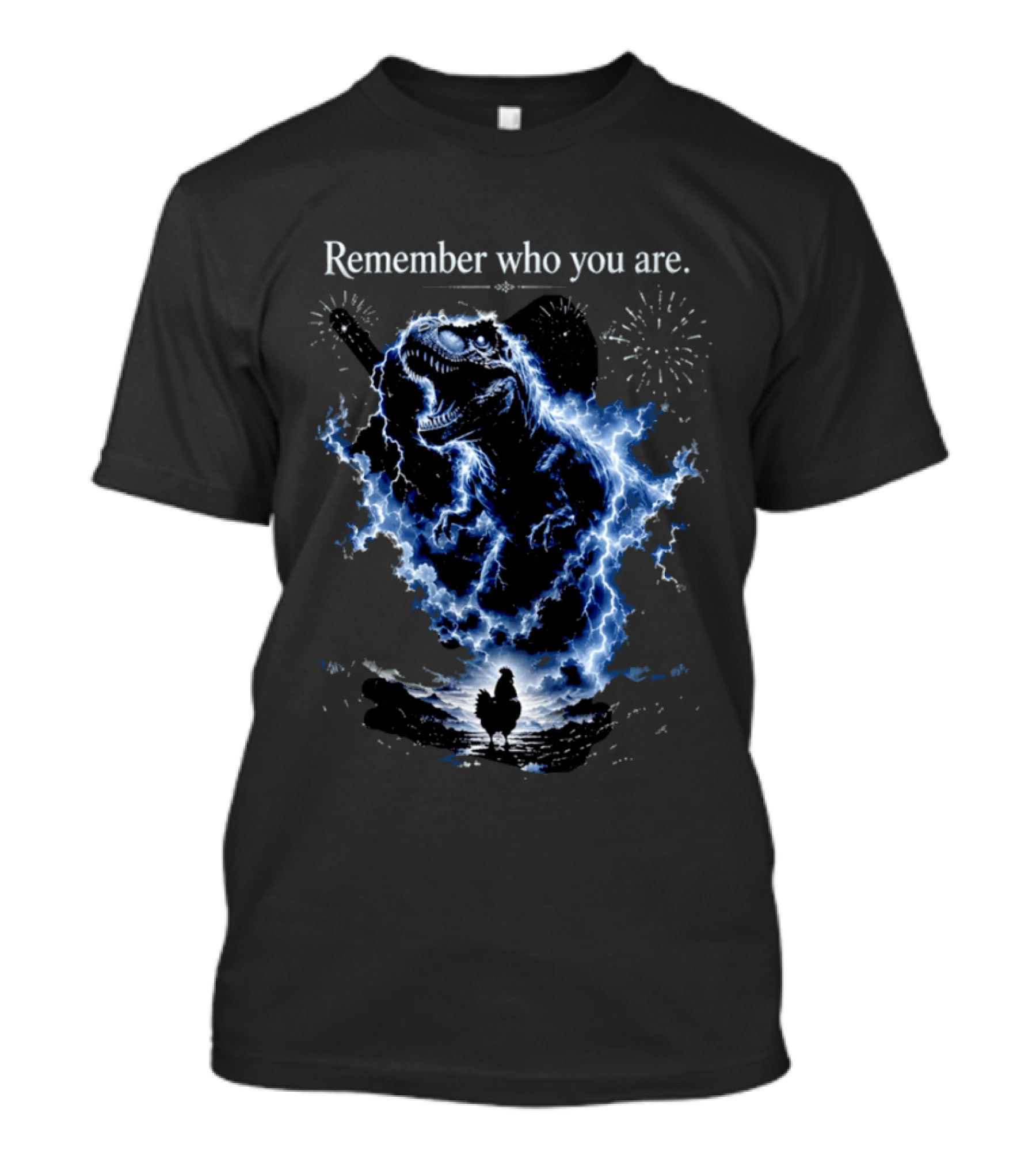 T Rex Chicken Evolution Remember Who You Are Lightning Fireworks T-Shirt