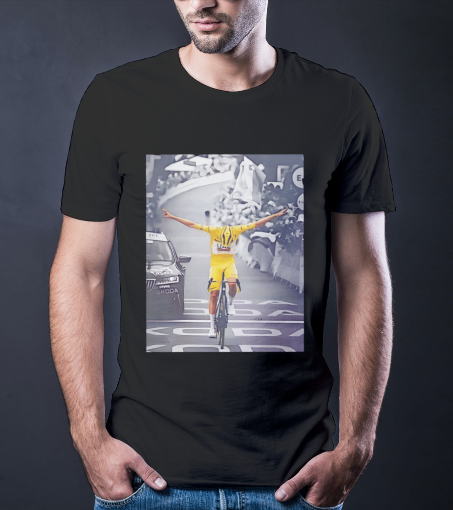 Tadej Pogacar Victory Moment Tour De France Skoda UCL Cyclist In Yellow Jersey T-Shirt