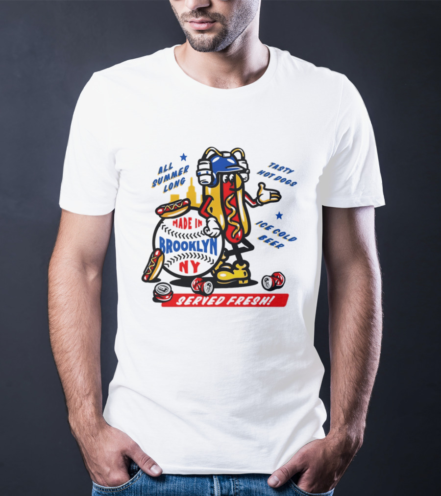 Made In Brooklyn NY Hot Dog With Ketchup All Summer Long Play Ball T-Shirt