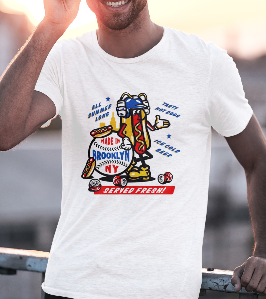 Made In Brooklyn NY Hot Dog With Ketchup All Summer Long Play Ball T-Shirt