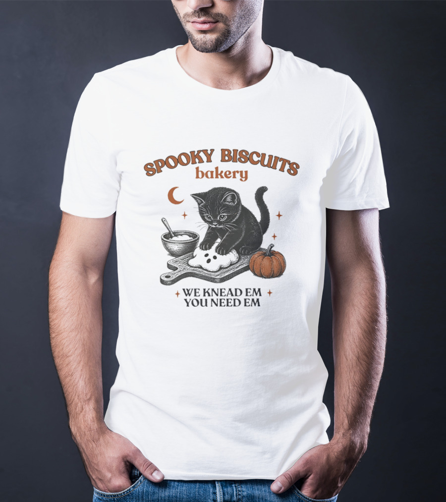 Spooky Biscuits Bakery We Knead Em You Need Em Cat Pumpkin Moon T-Shirt
