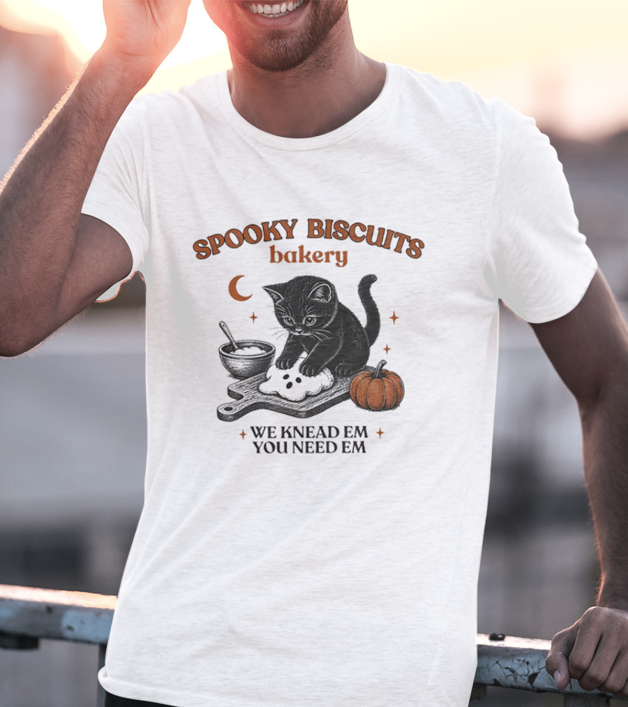 Spooky Biscuits Bakery We Knead Em You Need Em Cat Pumpkin Moon T-Shirt